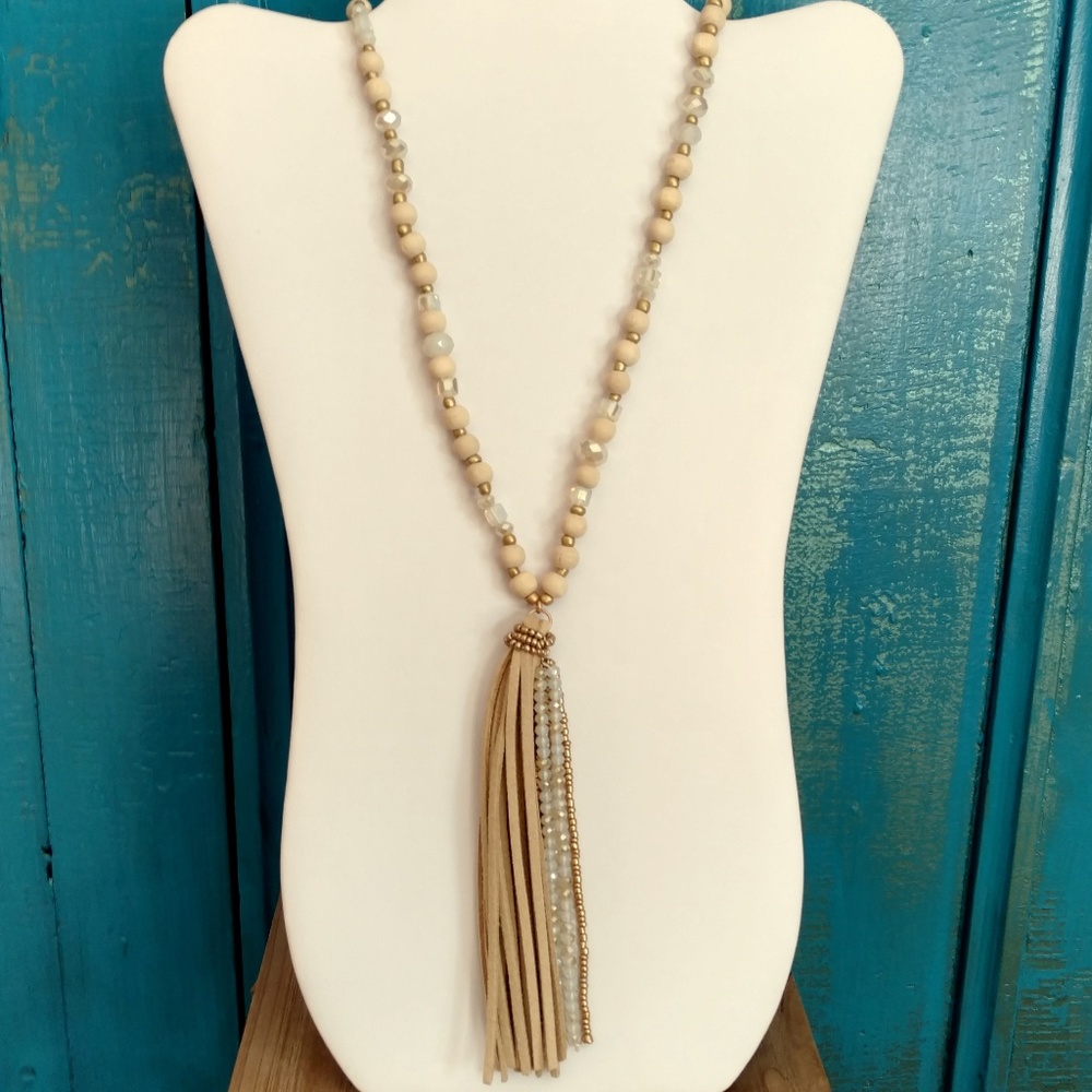 Wood, bead, crystal, and suede tassel necklace